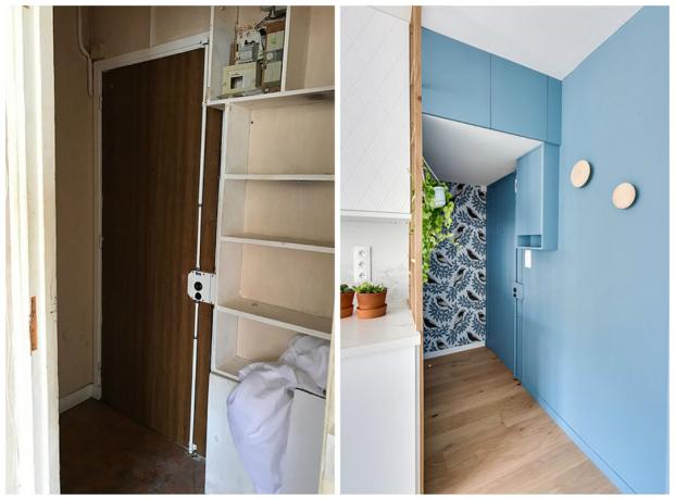Studio 26 m² blogerki ar guļamistabu virtuvē pirms un pēc fotogrāfijas