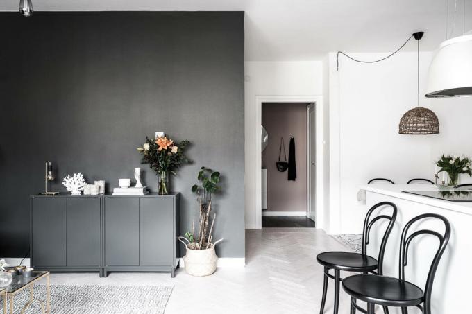 Stilīgs dvushka 42 m² ar melnu dzīvo un guļ virtuvē