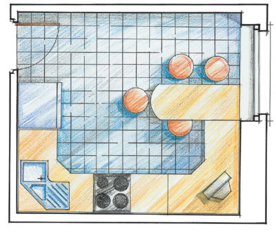 Mēbeļu un aprīkojuma izvietojuma piemērs virtuves zīmējumā.