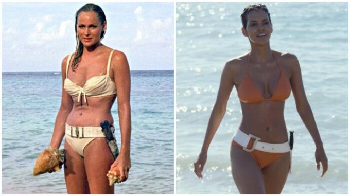 Bond meitene bikini Ursula Anders (1962) un Halle Berija (2002).