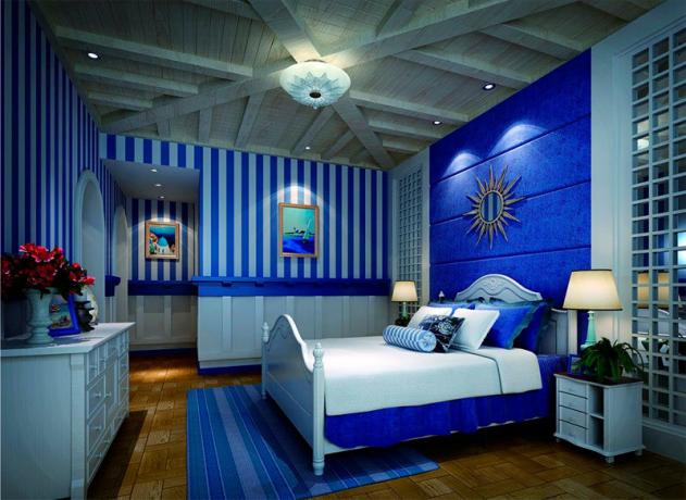 Guļamistabas fotoattēls ar vienu zilu nokrāsu visā telpā
