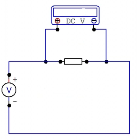 Att. 3. shēma multimetrs pieslēgums mērot līdzstrāvas spriegumu