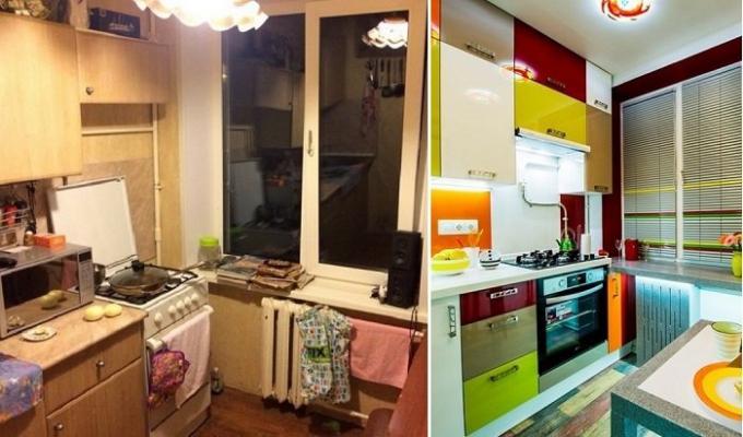 Pirms un pēc: spīdīgu pārveidošanas virtuvē "Hruščova" platību 6 kvadrātmetri. m