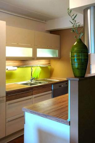 Nelielas virtuves virtuves interjera dizains nebūt neizslēdz papildu elementu izmantošanu mājīguma radīšanai