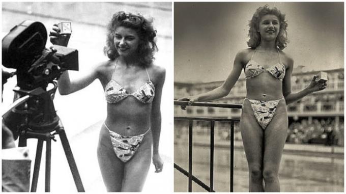 19 gadus vecais dejotājs Micheline Bernardini - vienīgais, kurš piekrita apgānīt bikini (1946).