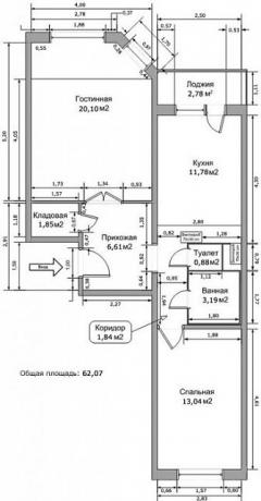 Divistabu dzīvokļa izkārtojums IP-46S sērijas mājā ar visiem izmēriem