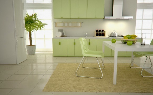 Baltas tapetes zaļai virtuvei labvēlīgi uzsvērs zaļo zaļo nokrāsu maigumu