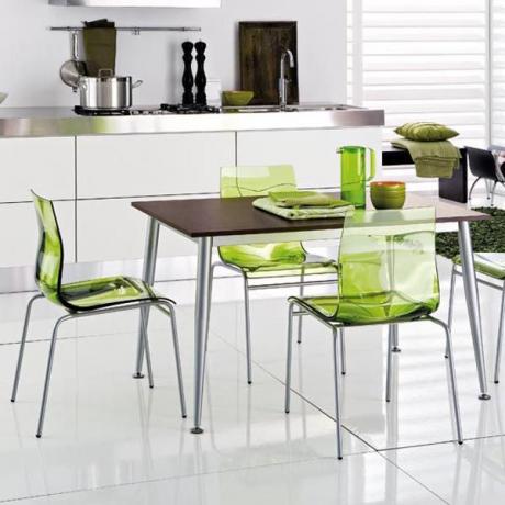Spilgtas detaļas interjera pārveidošanai - zaļi krēsli virtuvei, krāsaini trauki 